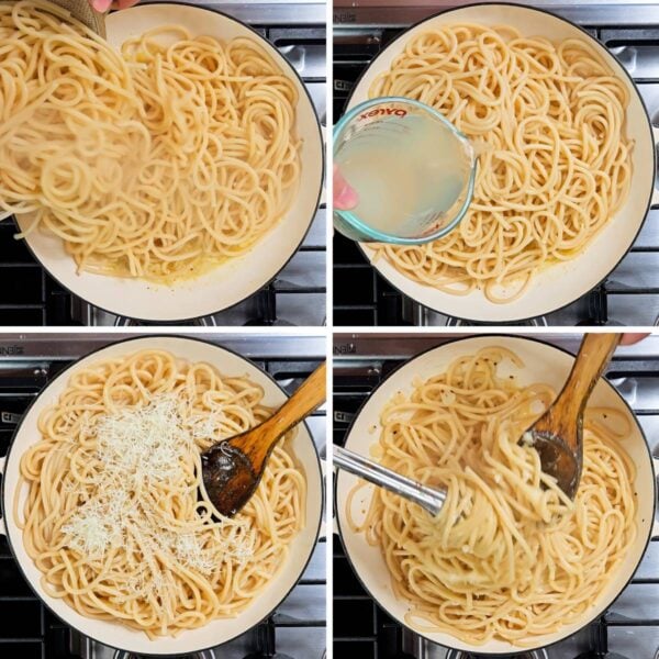 Adding cooked pasta, pasta cooking water and grated cheese to the dish.