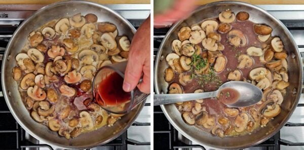 Adding red wine and thyme to the sauce.
