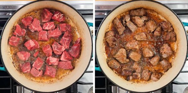 Searing beef chunks.