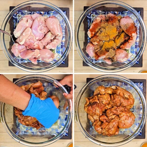 Seasoning the chicken thighs in a large  bowl.