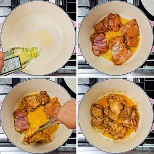 Collage of searing the chicken thighs.