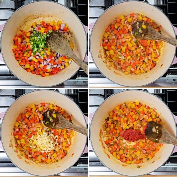 Collage of cooking diced vegetables with garlic and tomato paste.