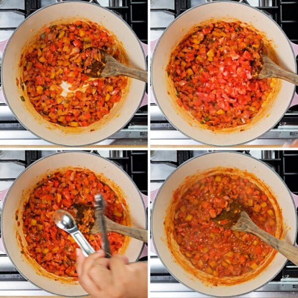 Collage of adding and cooking down diced tomatoes.