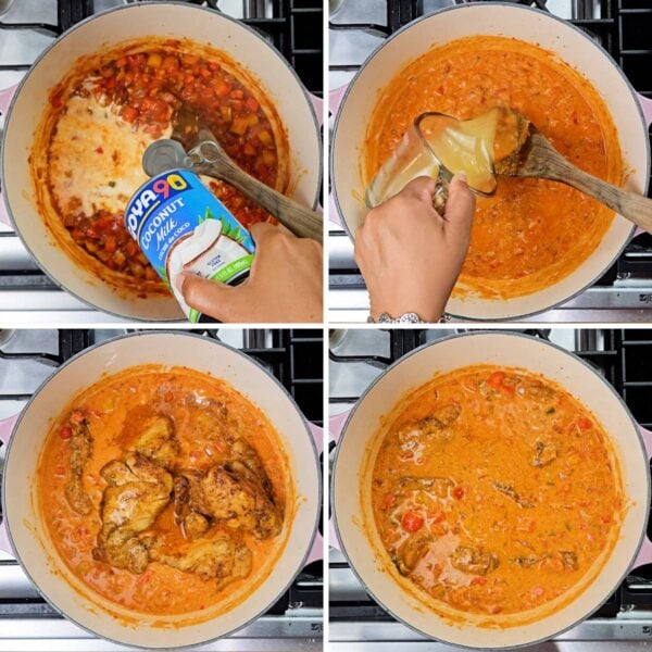 Adding coconut milk, broth and seared chicken.