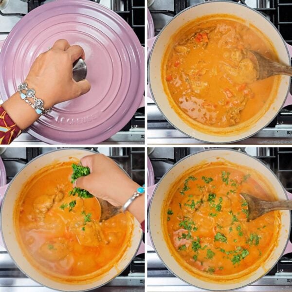 Simmering the stew and adding cilantro on top.