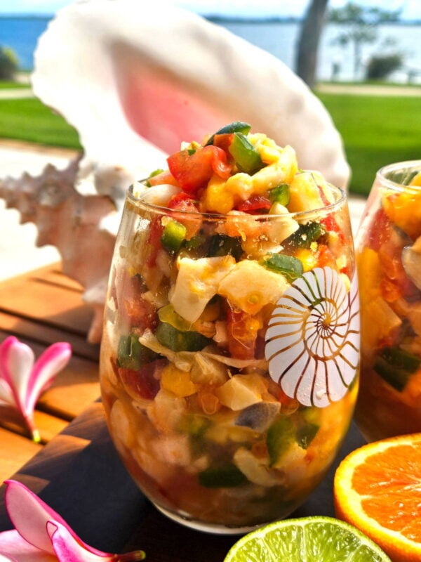 Glass full of Bahamian conch salad.