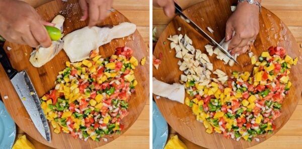 Dicing up conch meat.