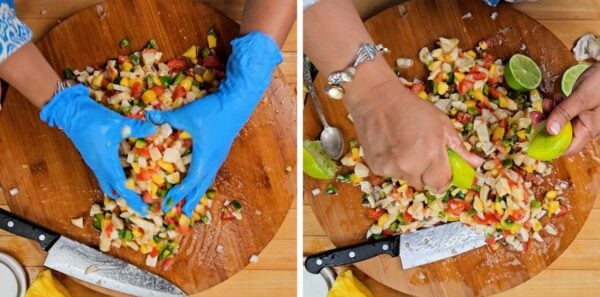 Mixing up the salad and adding citrus juice.
