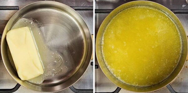 Melting butter with chopped garlic.