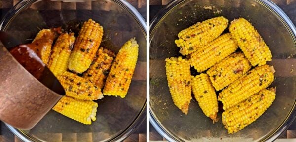 Pouring the butter sauce over the corn.