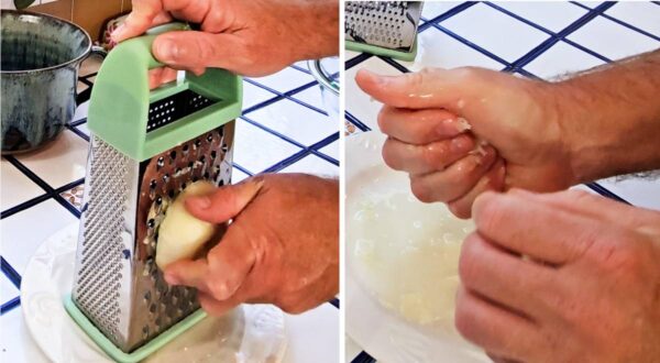 Grating an onion.
