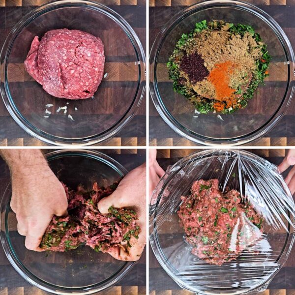 Mixing the ground meat mixture.