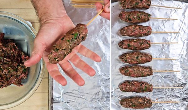 Skewering the kebabs.