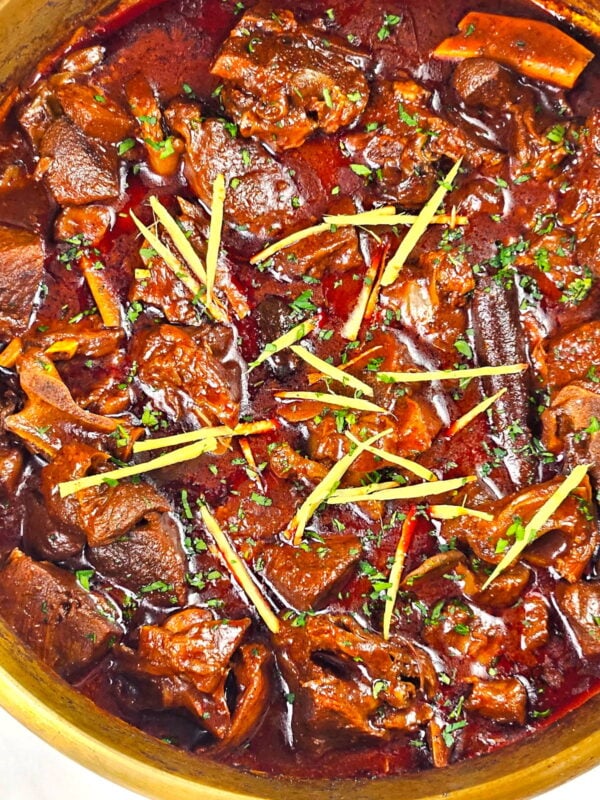 Pot full of rogan josh, a bright red goat curry.