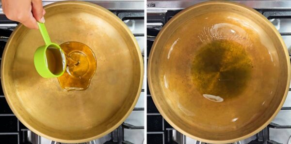 Adding mustard oil to a pot.