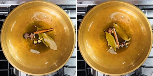 Adding bay leaves, black and green cardamom, cloves and cinnamon to the pot.