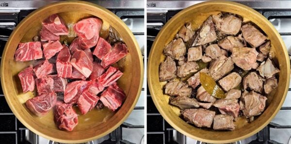 Browning chunks of goat meat in the pot.