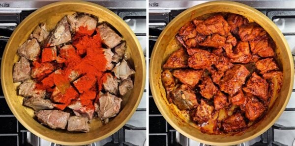 Stirring red chili powder into the browned goat meat.