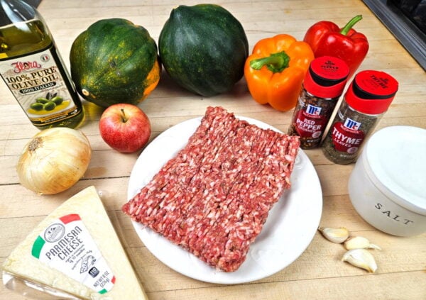 Recipe ingredients, arranged on a counter.