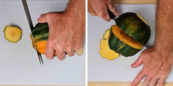 Cutting an acorn squash.