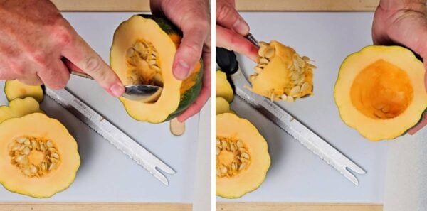 Scooping seeds out of a squash.