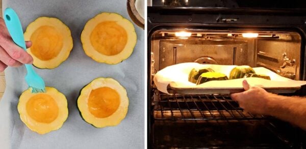 Brushing oil on squash halves and placing the baking sheet in oven.