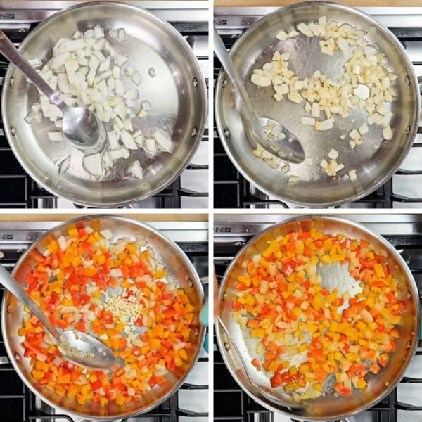 Collage of sautéing onion and peppers.