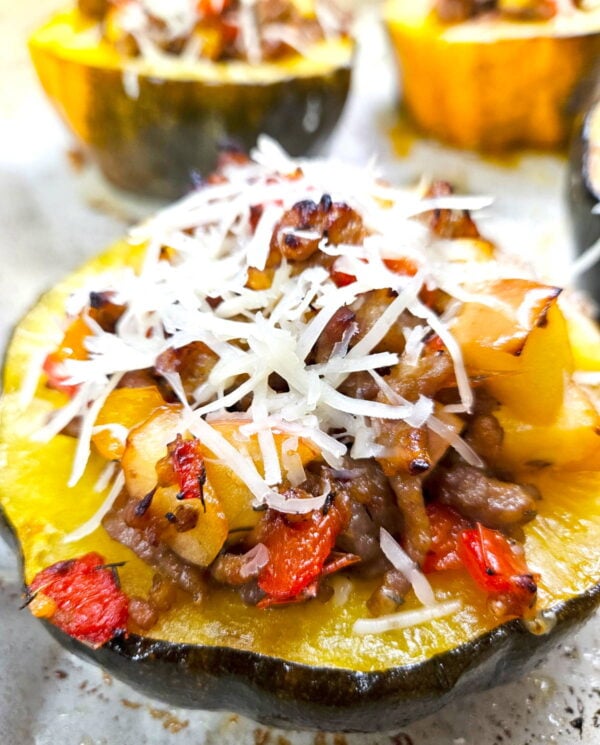Acorn squash stuffed with Italian sausage.