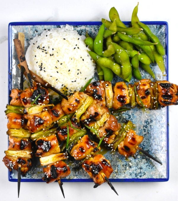 Grilled japanese chicken skewers on a plate.