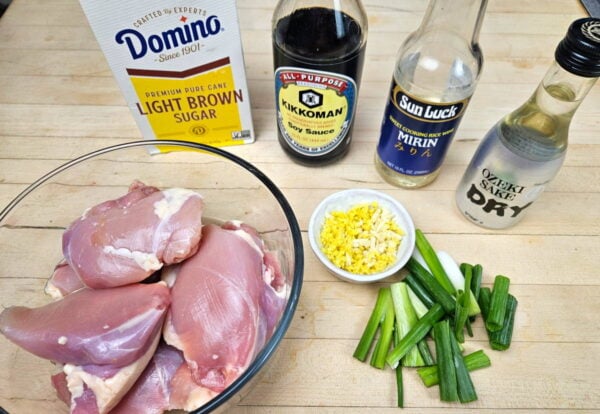 Yakitori recipe ingredients on a counter.