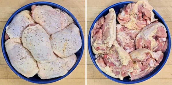 Seasoning the chicken thighs with salt and pepper.