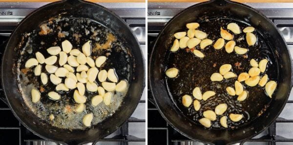 Sautéing 40 cloves of garlic in the skillet.