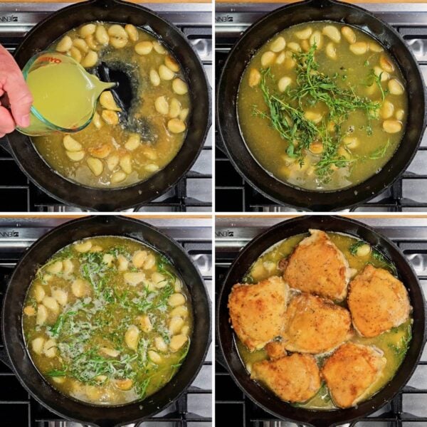 Adding chicken broth and herbs.