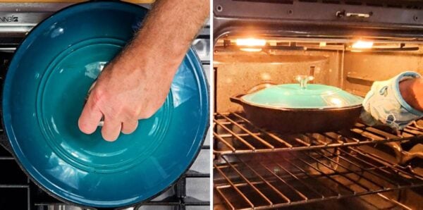 Putting the covered skillet in the oven.