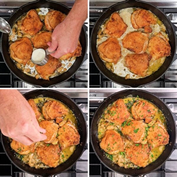 Stirring cream into the sauce and garnishing with parsley.