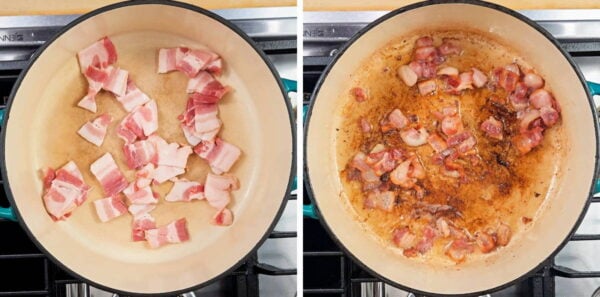 Frying bacon pieces in a dutch oven.