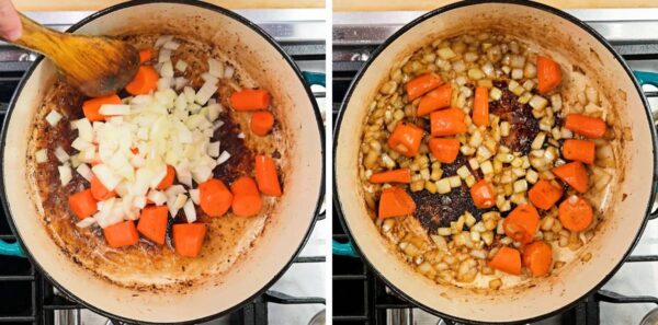 Cooking carrot and onion in the pot.