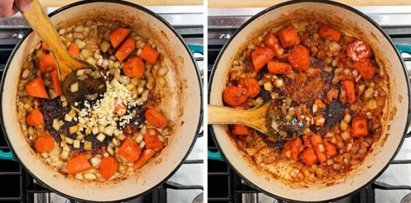 Adding garlic and tomato paste.