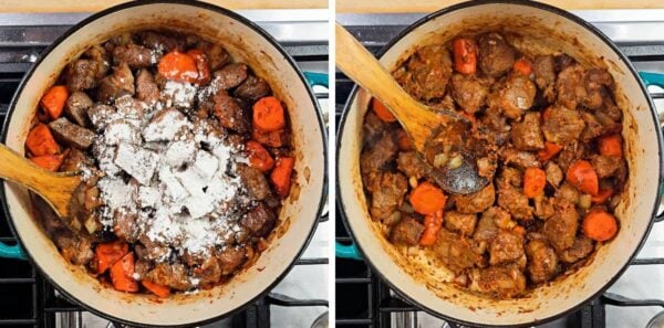 Stirring in beef and flour.
