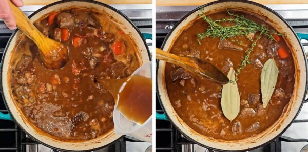 Adding beef broth and herbs.