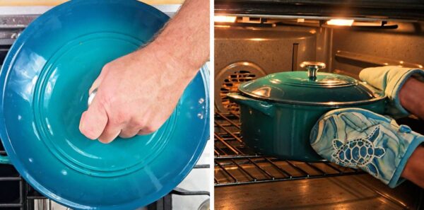 Putting the pot in the oven.