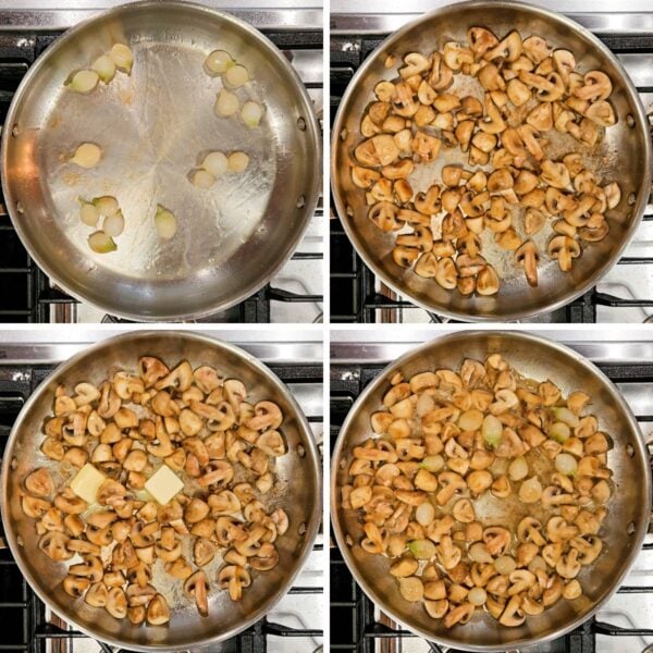 Sautéing pearl onions and mushrooms.