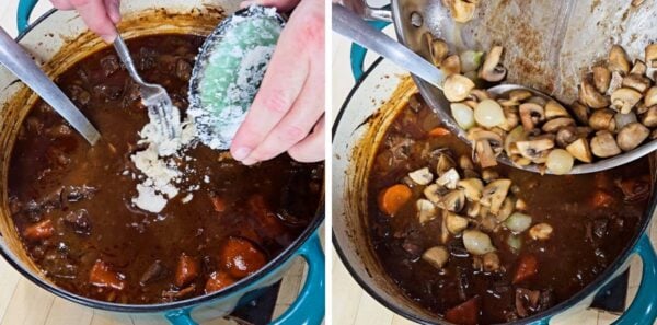 Stirring in beurre manié and onion/mushroom mix.