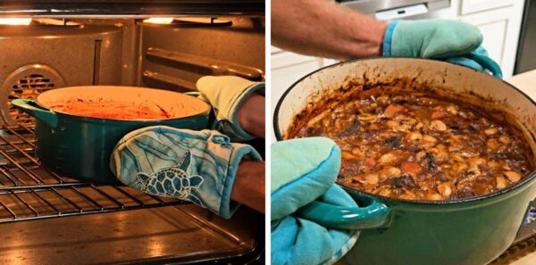 Placing the pot back in the oven, uncovered this time.