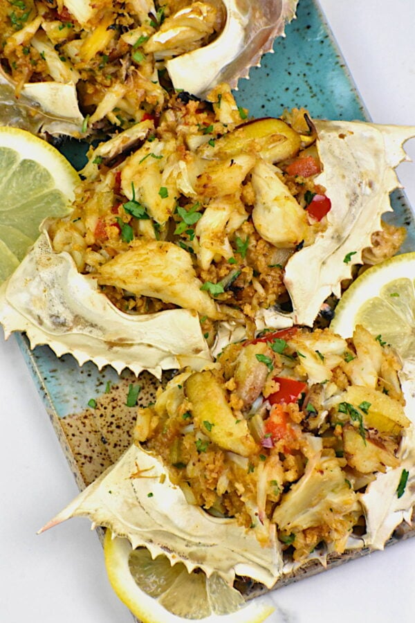 Platter of stuffed blue crabs.