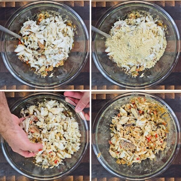 Folding in the crab meat and panko by hand.