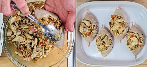 Filling the shells with crab mixture.