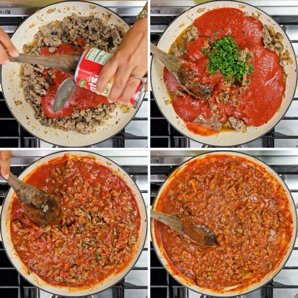 Stirring in tomato sauce and parsley.