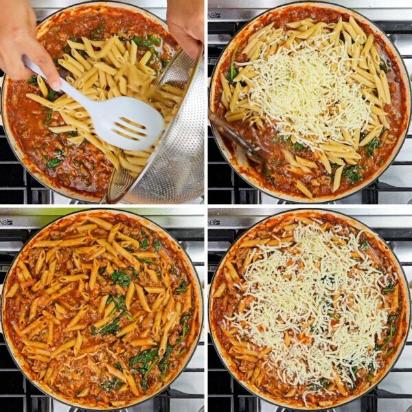 Stirring in pasta and topping with cheese.