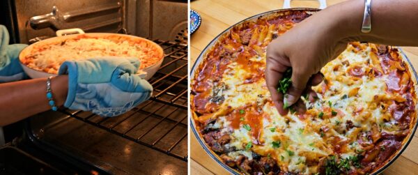 Sticking the casserole in the oven.